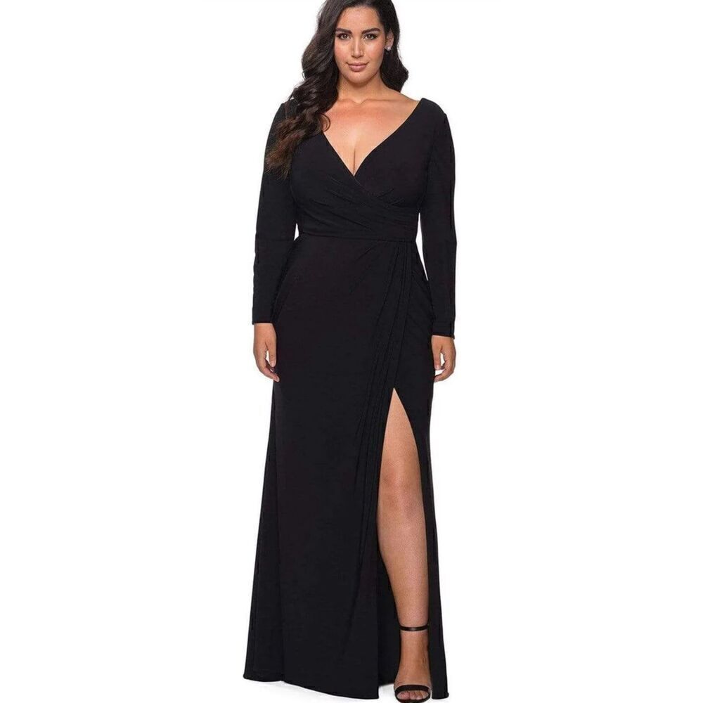 La Femme 29044 Plunging V-neck Jersey Sheath Dress in Black NWT Size 18